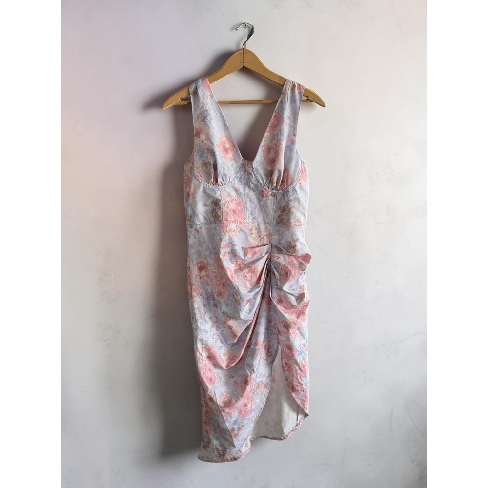 Cider Floral Bustier Midi Dress Pink‎ Purple Ruched Asymmetrical Tulip Hem Large